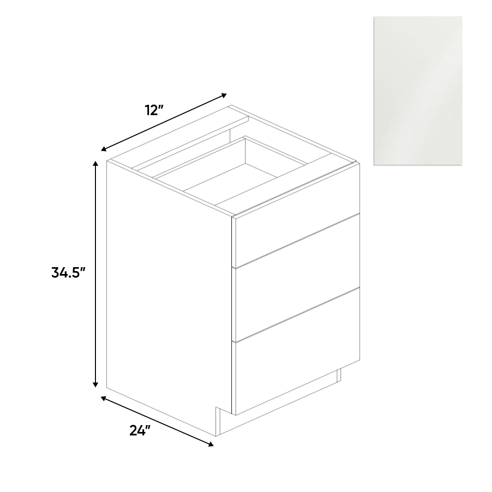 Blanco Gloss - 3 Drawer Base Cabinet - 12"W x 34.5"H x 24"D - Pre Assembled - Frameless Cabinet - BUILDMYPLACE