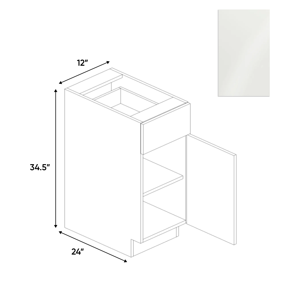 Blanco Gloss - Single Door Base Cabinet - 12"W x 34.5"H x 24"D - Pre Assembled - Frameless Cabinet - BUILDMYPLACE