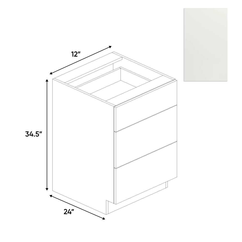 Blanco Matte - 3 Drawer Base Cabinet - 12"W x 34.5"H x 24"D - Pre Assembled - Frameless Cabinet - BUILDMYPLACE