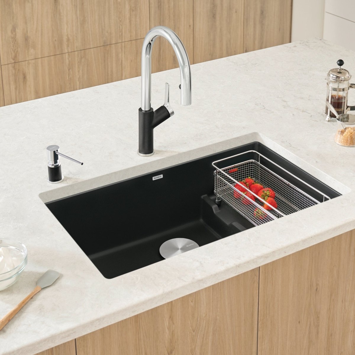 Blanco Precis 28 - 3/4 Inch Cascade Super Single Silgranit Undermount Kitchen Sink with Colander - BUILDMYPLACE