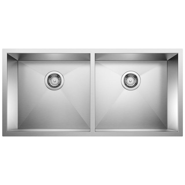 Blanco Precision Large Equal Double Bowl Stainless Steel Kitchen Sink with Stylish Drain Grooves 37" x 18" - BUILDMYPLACE