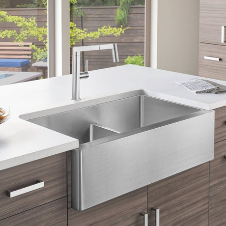 Blanco Quatrus R15 Apron 33 Inch Double Bowl Stainless Steel Farmhouse Sink with Low Divide - BUILDMYPLACE