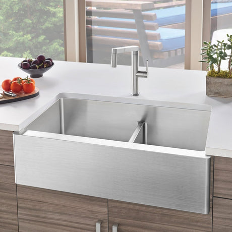 Blanco Quatrus R15 Apron 33 Inch Double Bowl Stainless Steel Farmhouse Sink with Low Divide - BUILDMYPLACE