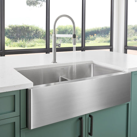Blanco Quatrus R15 Apron 33 Inch Double Bowl Stainless Steel Farmhouse Sink with Low Divide - BUILDMYPLACE