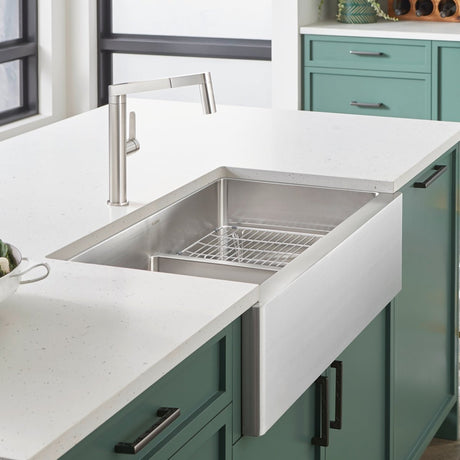 Blanco Quatrus R15 Apron 33 Inch Double Bowl Stainless Steel Farmhouse Sink with Low Divide - BUILDMYPLACE