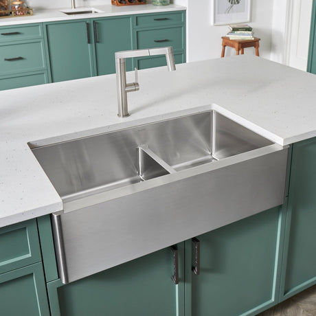 Blanco Quatrus R15 Apron 33 Inch Double Bowl Stainless Steel Farmhouse Sink with Low Divide - BUILDMYPLACE