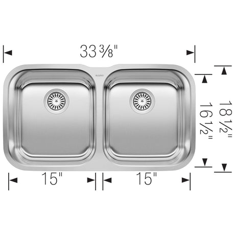 Blanco Stellar 33 Inch Double Equal Bowl Stainless Steel Undermount Kitchen Sink 50/50 - BUILDMYPLACE