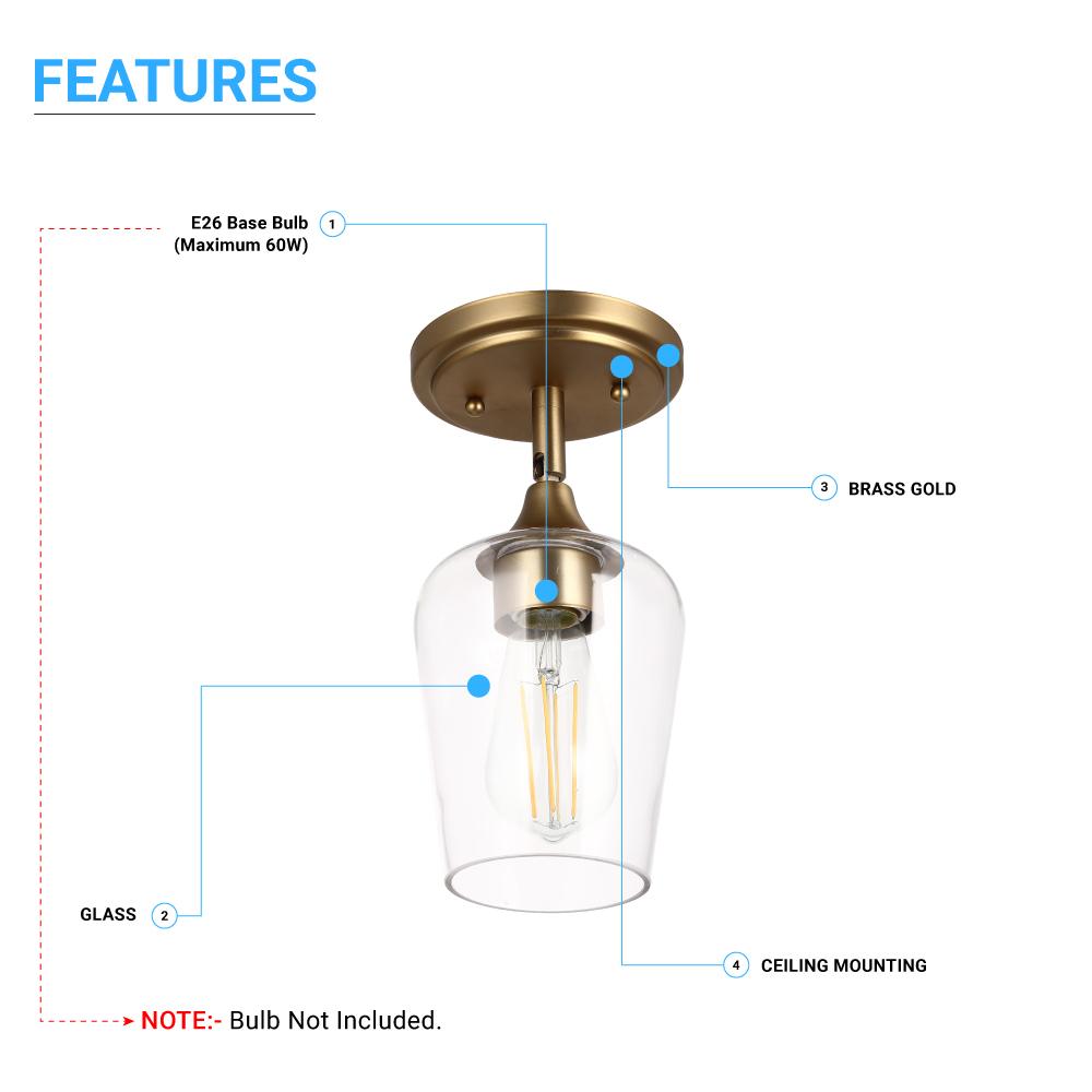 Brass Gold Semi - Flush Mount Light with Bell Shape Clear Glass Shade, E26 Base, Damp Location, Ceiling Mounting, UL Listed - BUILDMYPLACE