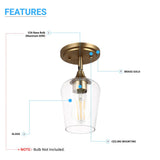 Brass Gold Semi - Flush Mount Light with Bell Shape Clear Glass Shade, E26 Base, Damp Location, Ceiling Mounting, UL Listed - BUILDMYPLACE