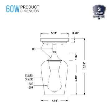 Brass Gold Semi-Flush Mount Light with Bell Shape Clear Glass Shade, E26 Base, Damp Location, Ceiling Mounting, UL Listed