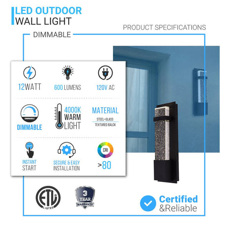Bubble Glass LED Indoor Outdoor Wall Sconce Light, 12W, Dimmable, 4000K, 600lm, ETL Listed(Wet Location), For Front Door, Doorway, Foyer, Corridor, Balcony, Patio and Porch - BUILDMYPLACE
