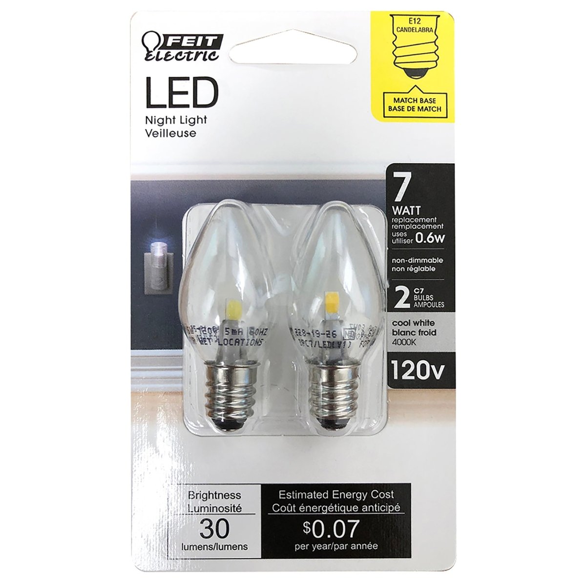 C7 LED Night Light Bulb, 7 Watt, Candelabra base, E12, 4000k - BUILDMYPLACE