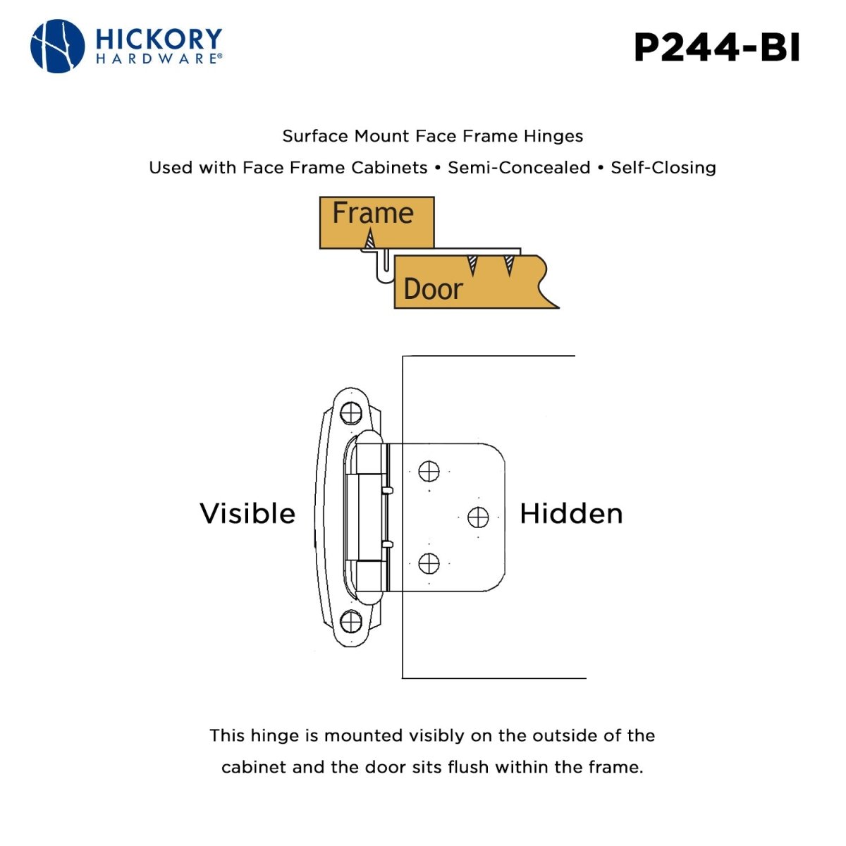 Cabinet Hinge Flush Surface Face Frame Self - Close (2 Hinges/Per Pack) - Hickory Hardware - BUILDMYPLACE