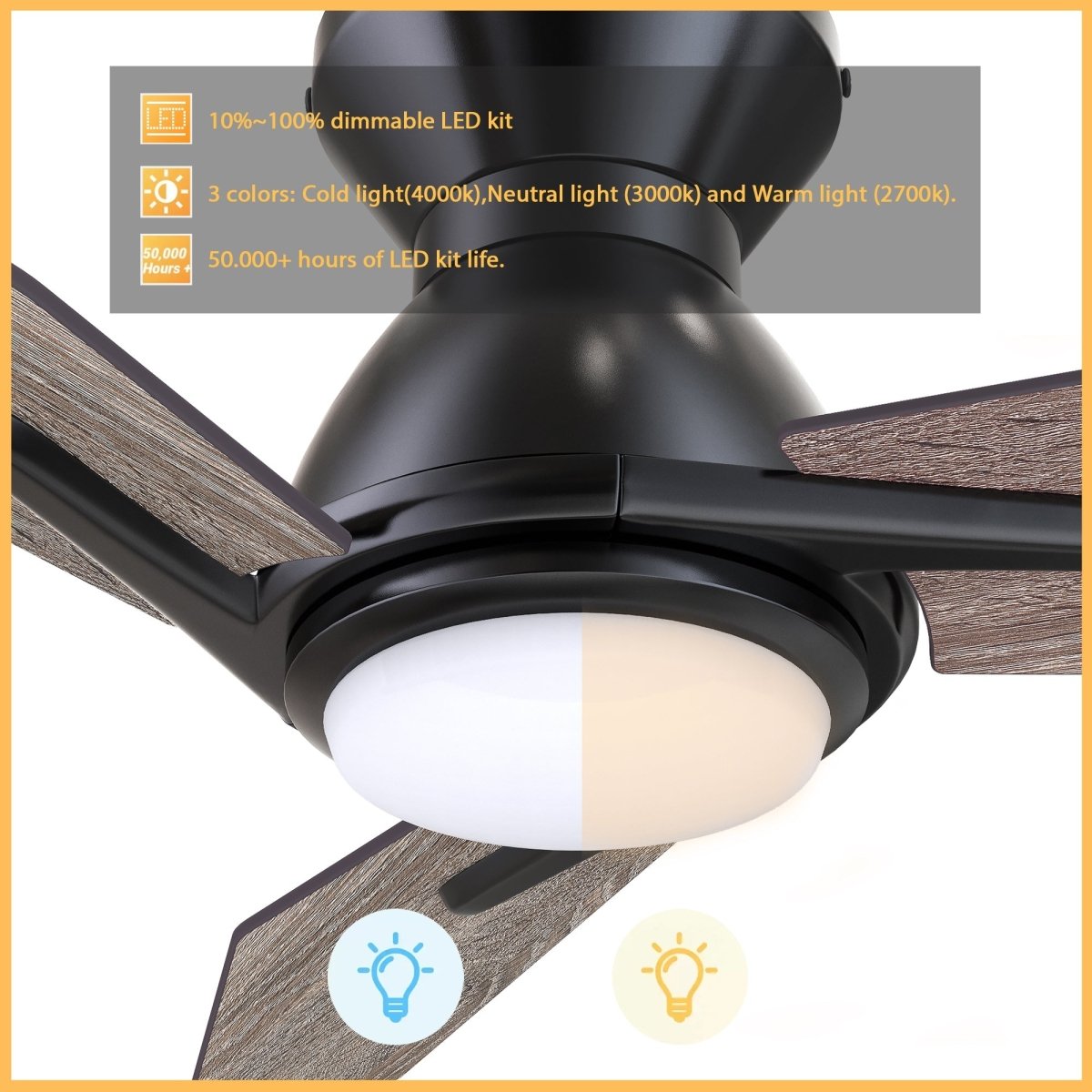 CALEN 44 inch 3 - Blade Flush Mount Smart Ceiling Fan with LED Light & Remote - LEDMyPlace