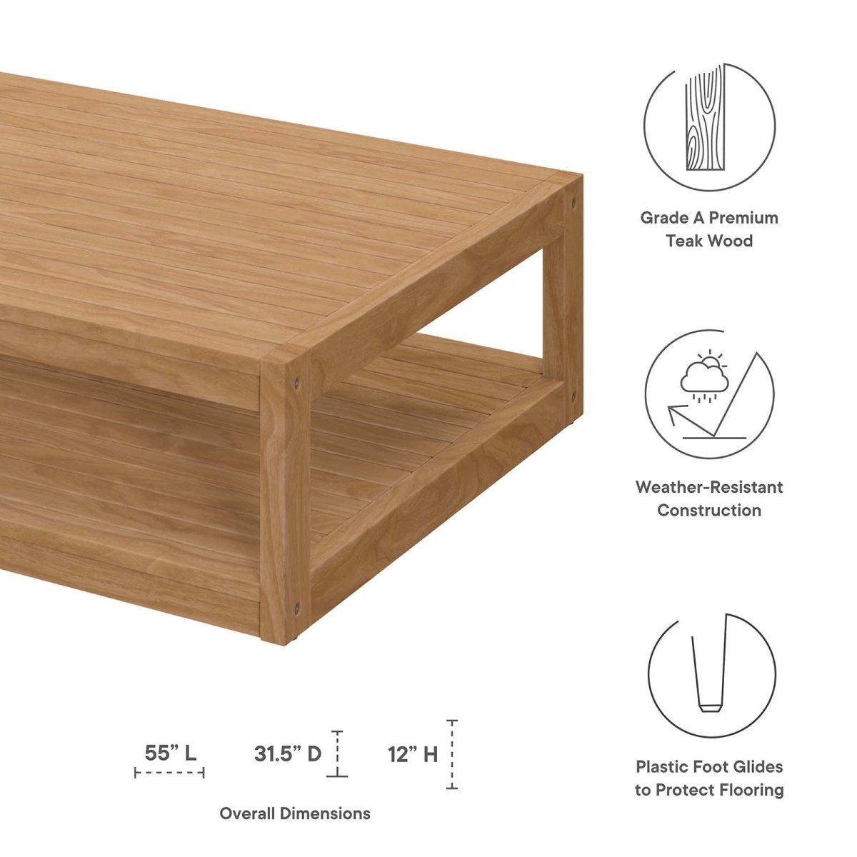 Carlsbad Teak Wood Outdoor Patio Coffee Table - BUILDMYPLACE