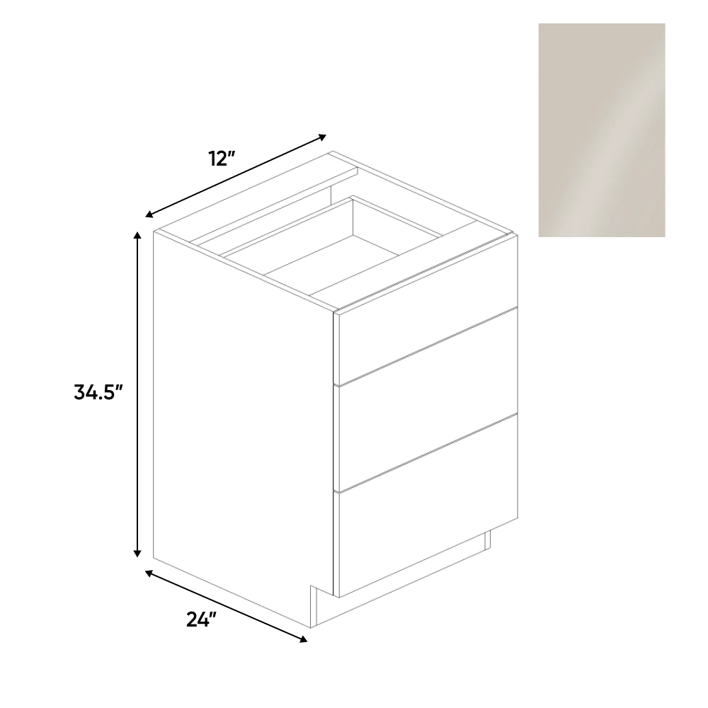 Cashmere Gloss - 3 Drawer Base Cabinet - 12"W x 34.5"H x 24"D - Pre Assembled - Frameless Cabinet - BUILDMYPLACE