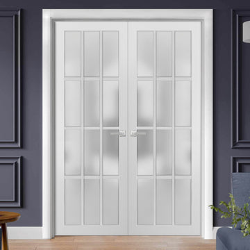 Solid French Double Frosted Glass Doors 12 Lites | Felicia 3312 White Silk | Single Regural Panel Frame Trims | Bathroom Bedroom Sturdy Doors