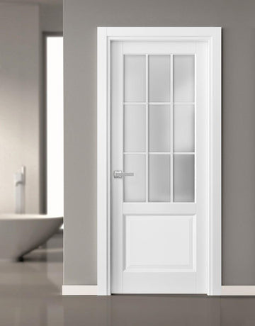 Solid French Door Frosted Glass 9 Lites | Felicia 3309 Matte White | Single Regural Panel Frame Trims Handle | Bathroom Bedroom Sturdy Doors