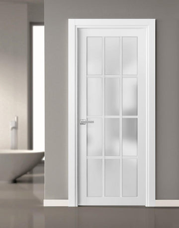 Solid French Door Frosted Glass 12 Lites | Felicia 3312 White Silk | Single Regural Panel Frame Trims Handle | Bathroom Bedroom Sturdy Doors