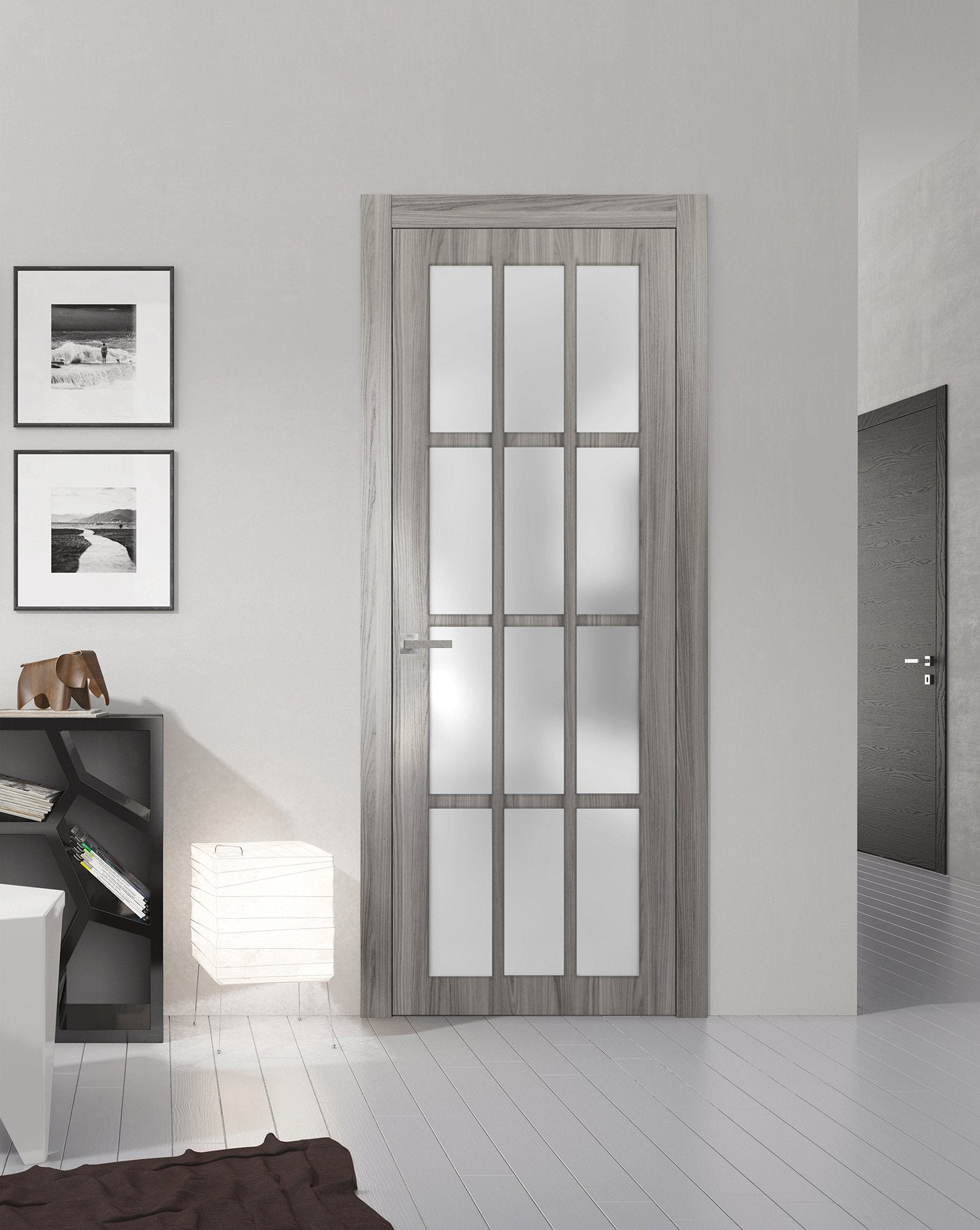 Solid French Door Frosted Glass 12 Lites | Felicia 3312 Ginger Ash | Single Regural Panel Frame Trims Handle | Bathroom Bedroom Sturdy Doors