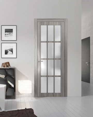 Solid French Door Frosted Glass 12 Lites | Felicia 3312 Ginger Ash | Single Regural Panel Frame Trims Handle | Bathroom Bedroom Sturdy Doors