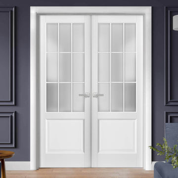 Solid French Double Doors 9 Lites | Felicia 3309 Matte White with Frosted Glass | Single Regural Panel Frame Trims | Bathroom Bedroom Sturdy Doors