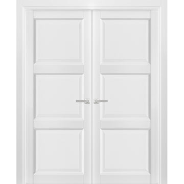 French Double Panel Solid Doors with Hardware | Lucia 2661 White Silk | Panel Frame Trims | Bathroom Bedroom Interior Sturdy Door