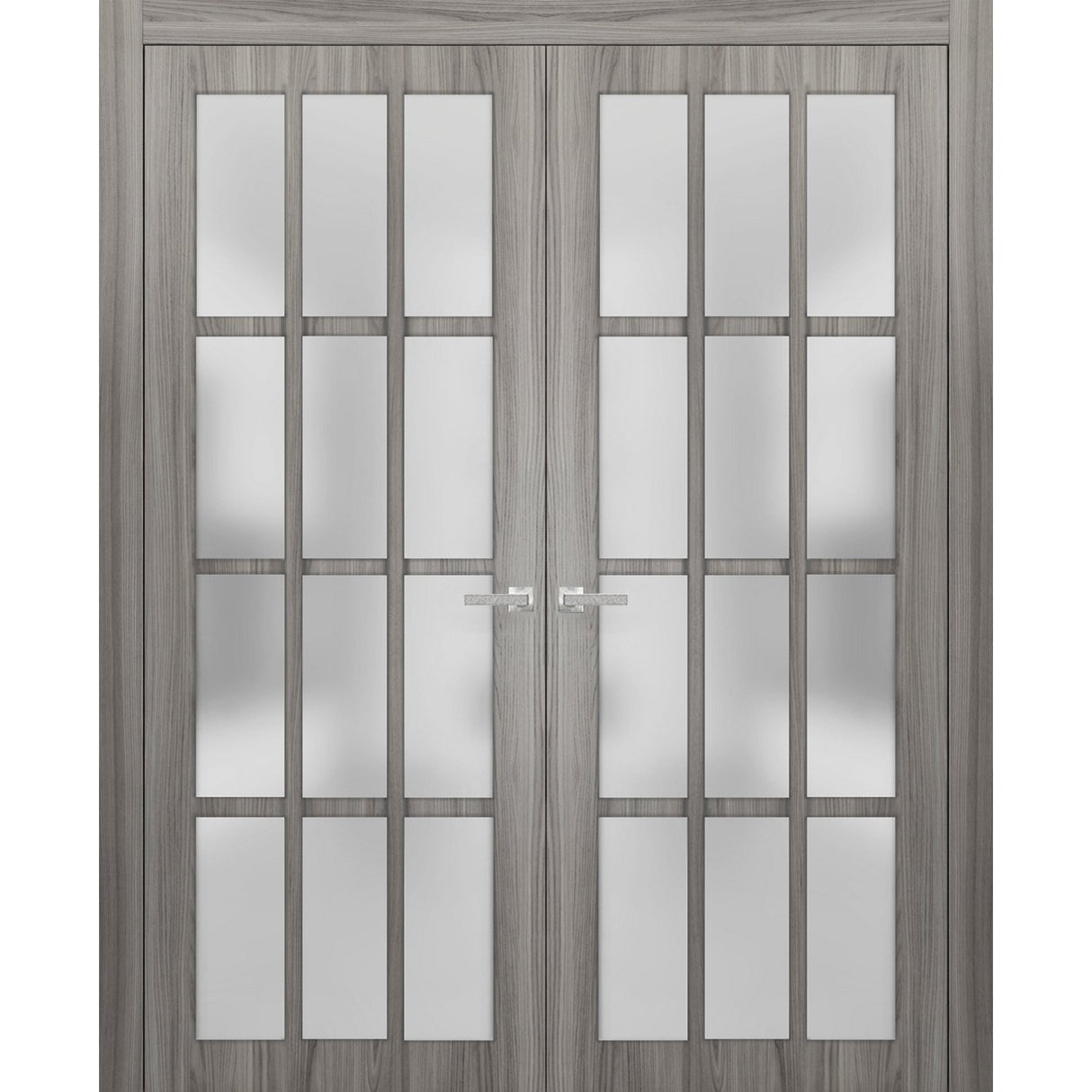 Solid French Double Doors Frosted Glass 12 Lites | Felicia 3312 Ginger Ash Grey | Single Regural Panel Frame Trims | Bathroom Bedroom Sturdy Doors
