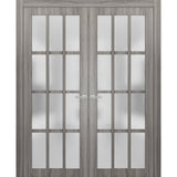 Solid French Double Doors Frosted Glass 12 Lites | Felicia 3312 Ginger Ash Grey | Single Regural Panel Frame Trims | Bathroom Bedroom Sturdy Doors