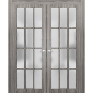 Solid French Double Doors Frosted Glass 12 Lites | Felicia 3312 Ginger Ash Grey | Single Regural Panel Frame Trims | Bathroom Bedroom Sturdy Doors