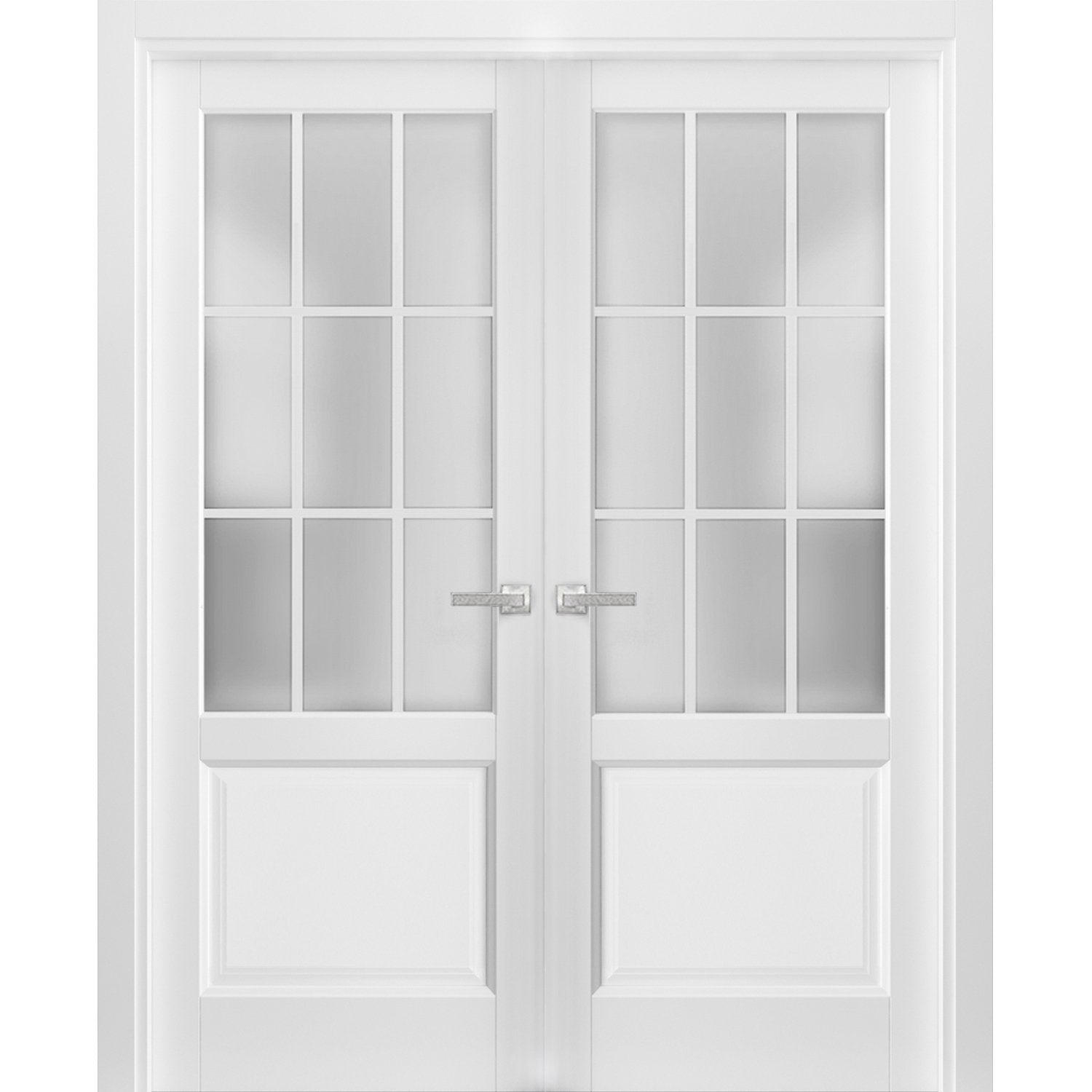 Solid French Double Doors 9 Lites | Felicia 3309 Matte White with Frosted Glass | Single Regural Panel Frame Trims | Bathroom Bedroom Sturdy Doors