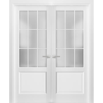Solid French Double Doors 9 Lites | Felicia 3309 Matte White with Frosted Glass | Single Regural Panel Frame Trims | Bathroom Bedroom Sturdy Doors