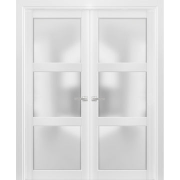 French Double Panel Lite Doors with Hardware | Lucia 2552 White Silk with Frosted Glass | Panel Frame Trims | Bathroom Bedroom Interior Sturdy Door