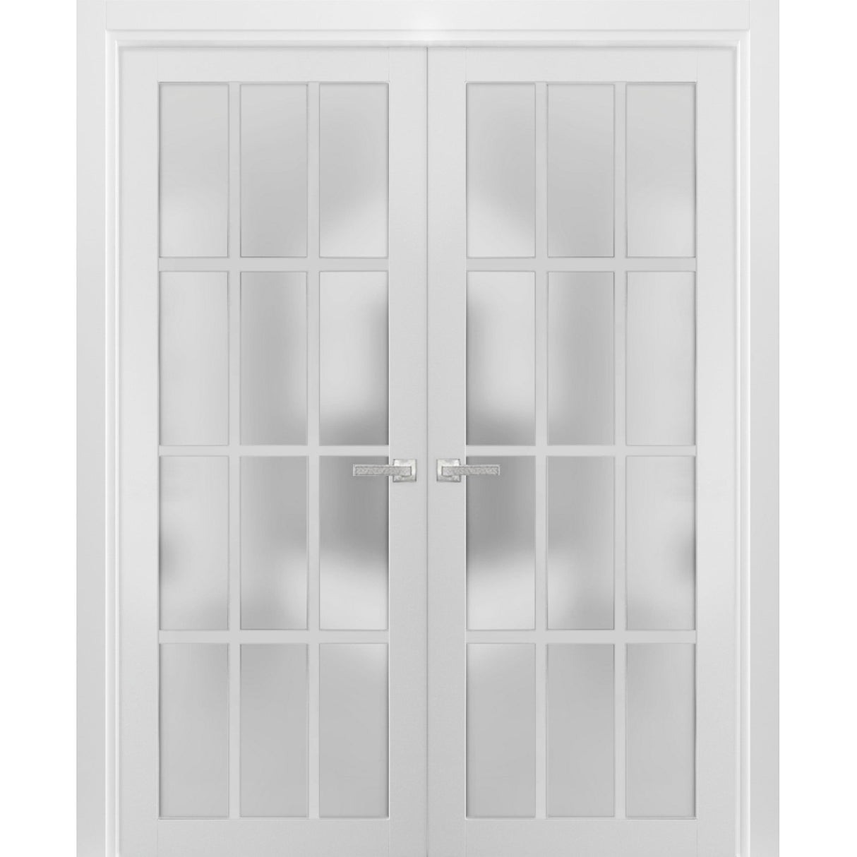 Solid French Double Frosted Glass Doors 12 Lites | Felicia 3312 White Silk | Single Regural Panel Frame Trims | Bathroom Bedroom Sturdy Doors