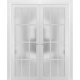 Solid French Double Frosted Glass Doors 12 Lites | Felicia 3312 White Silk | Single Regural Panel Frame Trims | Bathroom Bedroom Sturdy Doors