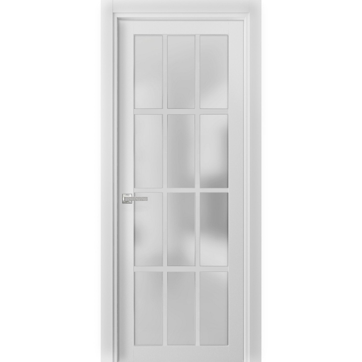 Solid French Door Frosted Glass 12 Lites | Felicia 3312 White Silk | Single Regural Panel Frame Trims Handle | Bathroom Bedroom Sturdy Doors