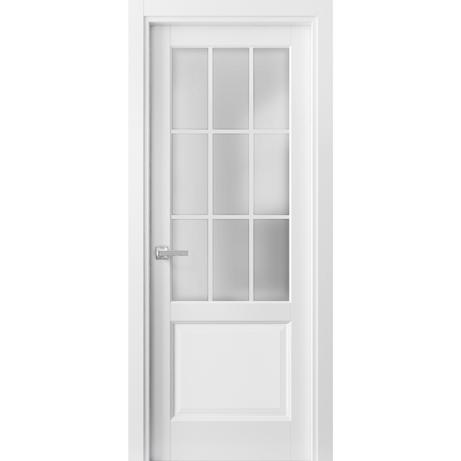 Solid French Door Frosted Glass 9 Lites | Felicia 3309 Matte White | Single Regural Panel Frame Trims Handle | Bathroom Bedroom Sturdy Doors