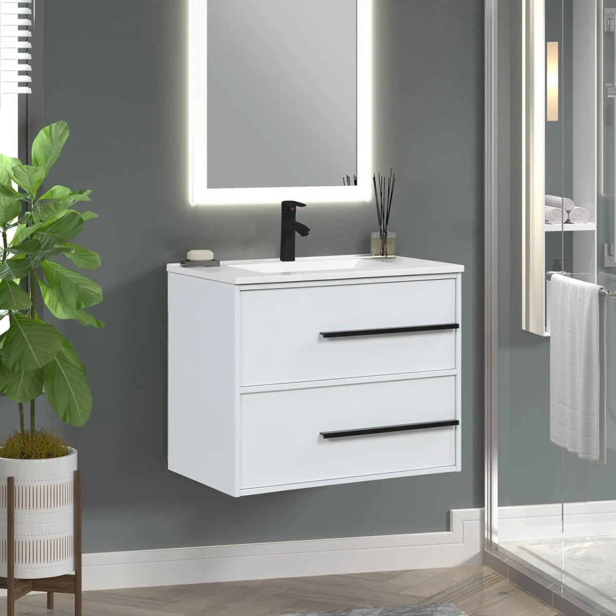 Cecilia 30 In. White Floating Bathroom Vanity with Cultured Marble Sink Top - BUILDMYPLACE