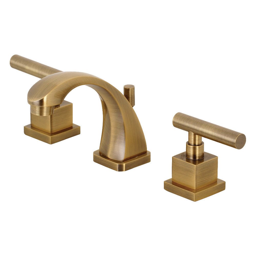 Claremont 8 In. Antique Brass Two - handle 3 - Hole Deck Mount Widespread Bathroom Sink Faucet with Pop - Up Drain Assembly - BUILDMYPLACE