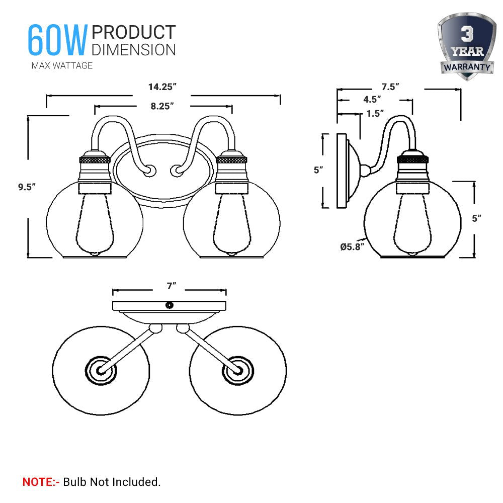 Clear Glass Bathroom Light Fixtures, Wall Mount, 2 - Head/3 - Head, E26 Base Brushed Nickel Finish, Vanity Lighting - BUILDMYPLACE