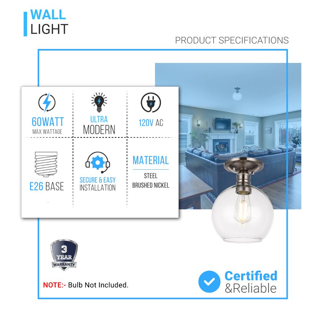 Clear Glass Dome Shape Semi Flush Mount Ceiling Lights, Brushed Nickel Finish, E26 Base, Ceiling Mounting, UL Listed for Damp Location - BUILDMYPLACE