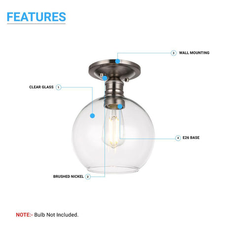 Clear Glass Dome Shape Semi Flush Mount Ceiling Lights, Brushed Nickel Finish, E26 Base, Ceiling Mounting, UL Listed for Damp Location - BUILDMYPLACE