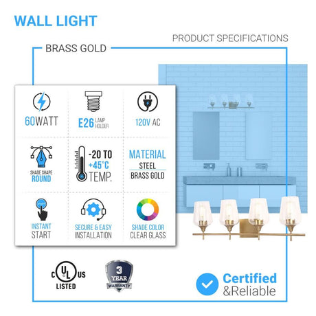 Clear Glass Shade Bathroom Light Fixtures, Bell Shape with Brass Gold Finish Vanity Lighting, E26 Base, UL Listed for Damp Location, Bathroom Wall Sconces - BUILDMYPLACE