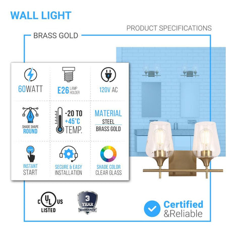 Clear Glass Shade Bathroom Light Fixtures, Bell Shape with Brass Gold Finish Vanity Lighting, E26 Base, UL Listed for Damp Location, Bathroom Wall Sconces - BUILDMYPLACE