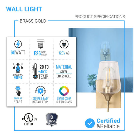Clear Glass Shade Bathroom Light Fixtures, Bell Shape with Brass Gold Finish Vanity Lighting, E26 Base, UL Listed for Damp Location, Bathroom Wall Sconces - BUILDMYPLACE