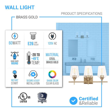 Clear Glass Shade Bathroom Light Fixtures, Bell Shape with Brass Gold Finish Vanity Lighting, E26 Base, UL Listed for Damp Location, Bathroom Wall Sconces - BUILDMYPLACE