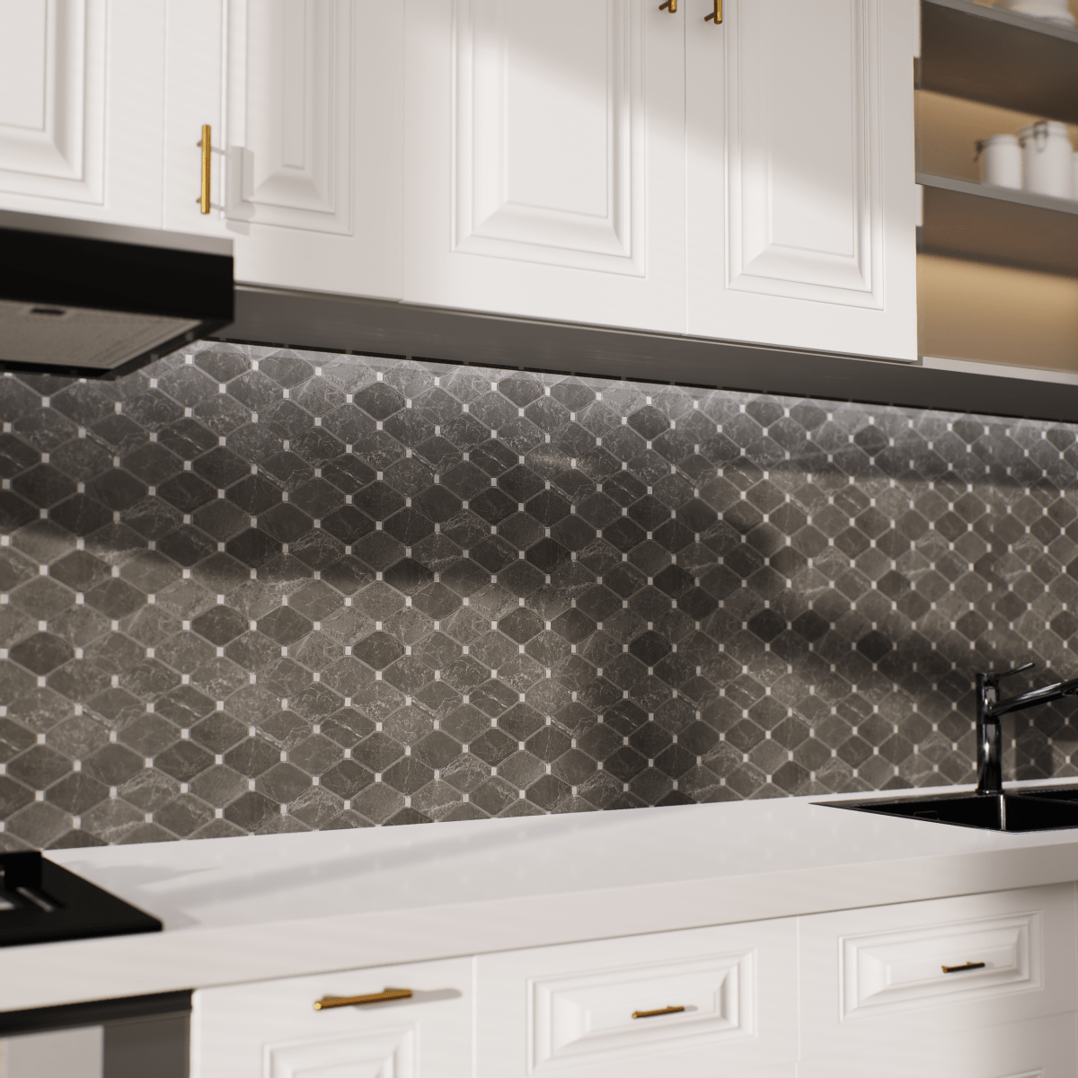 Clipped Diamond Stark Carbon Polished Marble Mosaic - BUILDMYPLACE