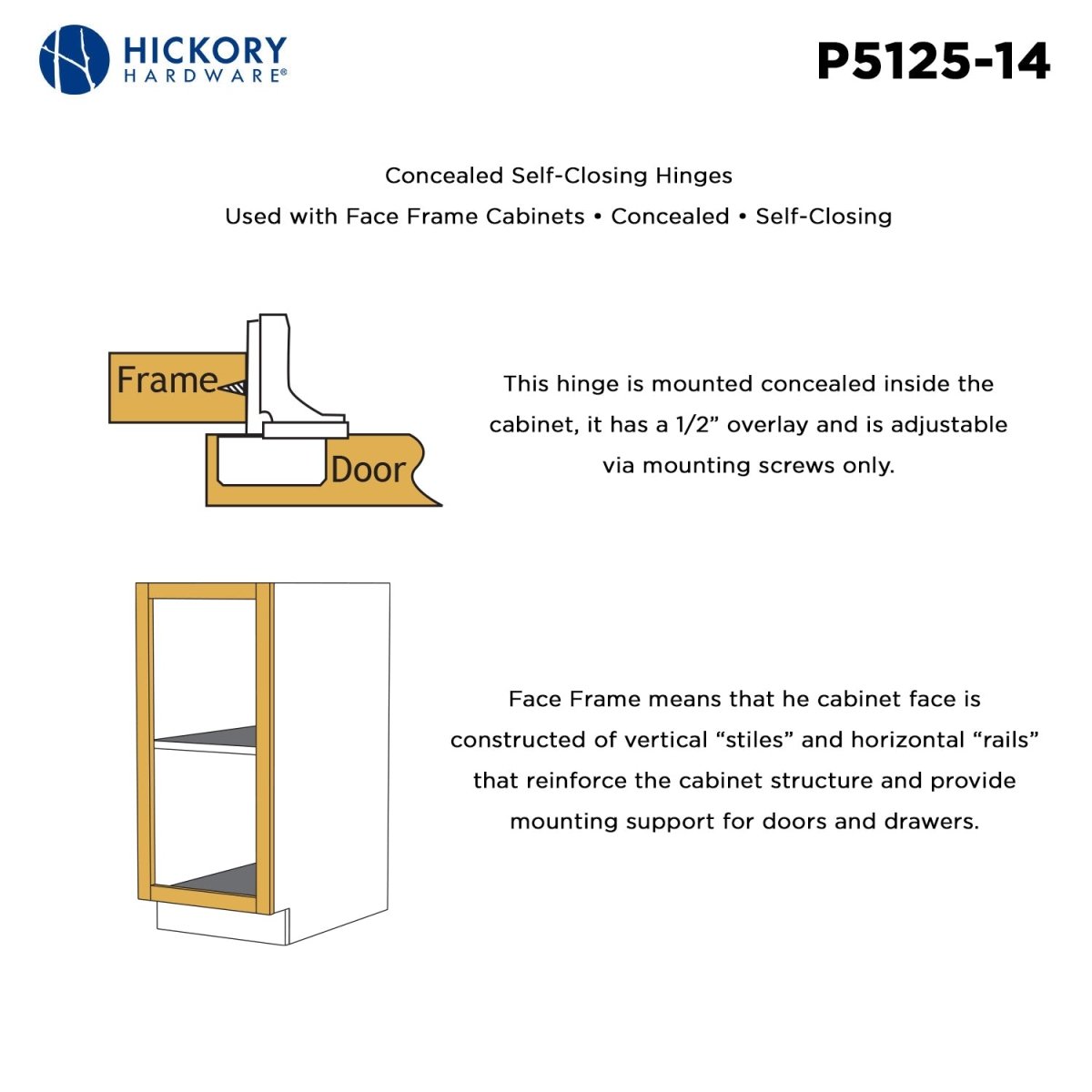 Concealed Hinge 1/2 Inch Overlay Face Frame Self - Close in Polished Nickel - Hickory Hardware - BUILDMYPLACE