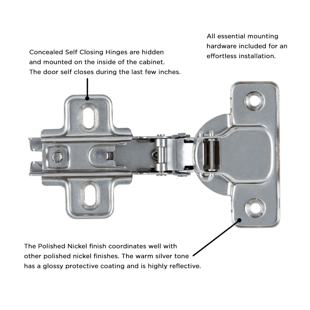 Concealed Hinge Full Overlay Frameless Self - Close in Polished Nickel - Hickory Hardware - BUILDMYPLACE