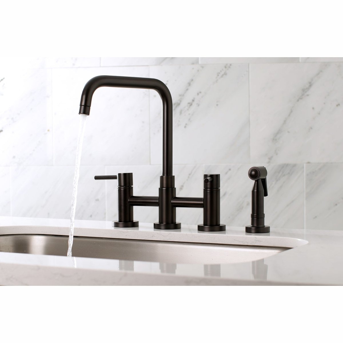 Concord Two Handle Bridge Kitchen Faucet W/ Brass Side Sprayer, Brass & Zinc Alloy Construction - BUILDMYPLACE